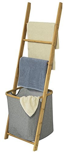 SoBuy® FRG263-N Freistehender Handtuchhalter, Handtuchleiter, Badregal mit 3 Handtuchstangen und Wäschebeutel, BHT ca.: 43,5x138x28cm