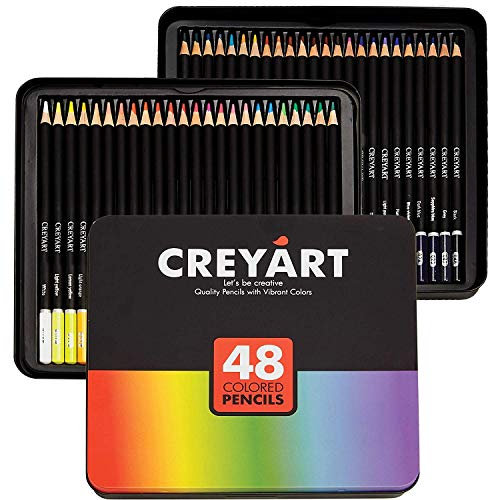 Colored Pencils Set of 48 – Pre-Sharpened Nontoxic Art Supplies for Kids and Adults - Soft and Thick Oil Based Leads – 48 Colors in Tin Box - by Creyart