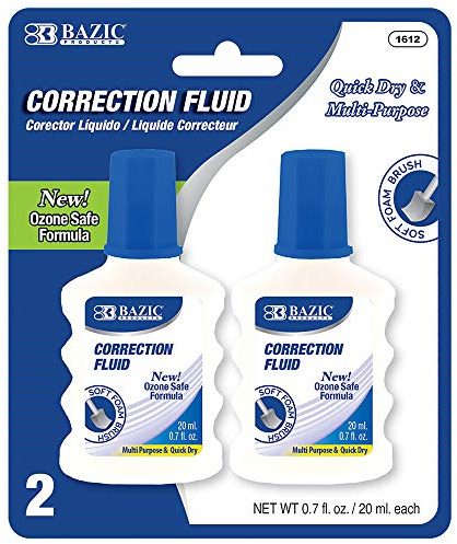 BAZIC Products Correction Fluid (0.7 oz / 20 ml), Foam Brush Applicator, Instant Corrections Pen White Out Wipe Out Liquid (2/Pack), 1-Pack