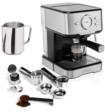 Máquina de café y cápsula con espumador de leche para capuchino, latte y espresso macchiato, 20 bares, color negro con acero inoxidable