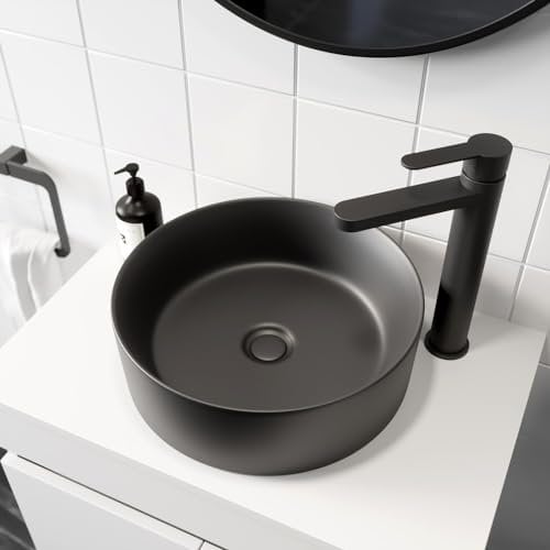 Affine® Countertop Basin for Bathroom and Cloakroom Hand Wash Basins Sink Modern Matt Black Round 352 x 352mm