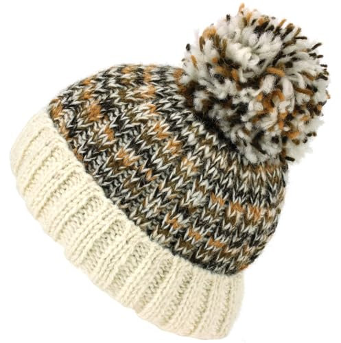 LOUDelephant Wolle Gestrickte Beanie-Mütze Pudelmütze - Creme Browns, One Size