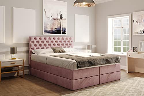 TRADA Boxspringbett 180 x 200 cm LUWR mit H3 Bonell- und Taschenmatratze - Bett mit Bettkasten - Chesterfield-Kopfteil - Rosa
