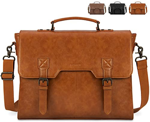 NEWHEY Umhängetasche Herren 15,6 Zoll Aktentasche Vintage Laptoptasche mit Gepolstertem Schultergurt Wasserdichte Messenger Bag Arbeitstasche für Geschäft Arbeit Schule Braun