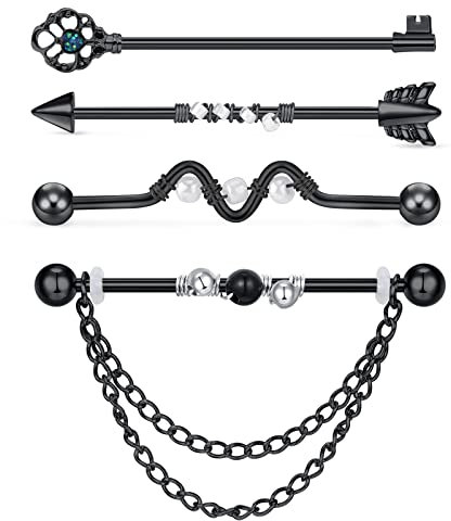 Briana Williams 14G Schwarz Industrial Piercing Bars 38mm Chirurgenstahl Pfeil Scaffold Barbell mit Kette Anhänger