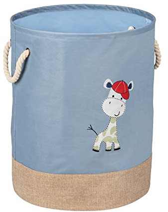 WENKO Wäschesammler Kids Gerry Blau, runder Wäschesack für Kinder in modernem Taubenblau mit niedlichem Giraffen Aufdruck und Zwei Henkeln aus Baumwolle, 63 Liter Stauraum in einem Fach, Ø 40 x 50 cm