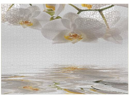 ABAKUHAUS Blume Puzzle, Orchideen auf Plätschern des Wassers, Heirloom-Qualität lustige Aktivität für die Familie langlebiger Karton, 1000 Stücke, Aus Weiß Orange