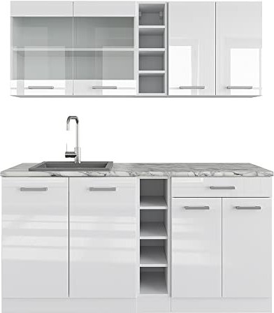 Vicco Singleküche R-Line, Küchenzeile Single, Weiß Hochglanz/Weiß, 160 cm, AP Marmor