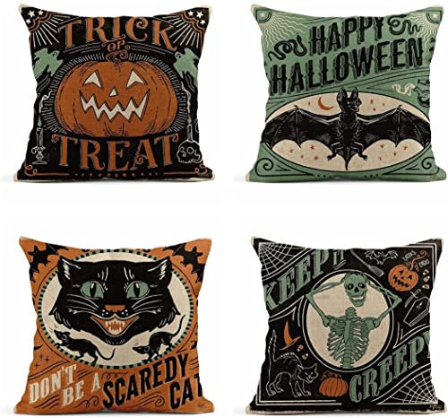 Yililay Set von 4 Flachs -Wurfkissenbezügen 16x16 Zoll Vintage Halloween Scaredy Katzen Kürbisse Skelette Home Decor Kissenbezug Kissen Cover für Sofa Bett Couch All Saints 'Day Dekor