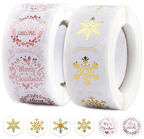 1000PCS Étiquettes Autocollantes Noël Rouleau Sticker Flocon de Neige Merry Christmas Bricolage Décoration Maison Enveloppe Cadeau Cartes de Vœux Scrapbooking Motif (Rose et Or)