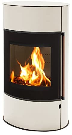 H&M Kaminofen Mango 2.0 Plus Creme weiß oval 8kw großer Feuerraum Bauart 1 Panorama Scheibe 150mm Abgasstutzen