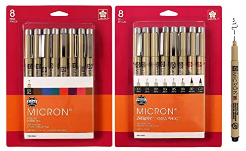 SAKURA Pigma Micron Fineliner-Stifte zum Schreiben, Zeichnen oder Journaling, verschiedene Punktgrößen, 8 schwarze Tinte und 8 farbige Mikron-Stifte, 2 Stück