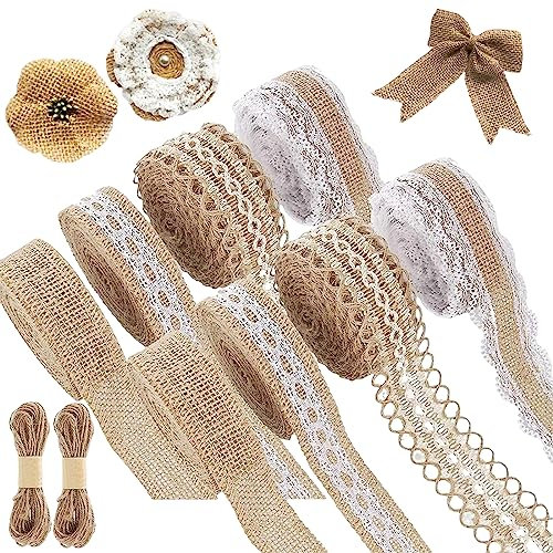 Juteband Vintage Spitzenband, 8 Rollen Juteband mit Spitze, Natürliche Jute Bänder und Spitze, Leinwand Band für DIY Handwerk Weihnachten Deko Hochzeit Party Basteln Geschenkband mit 20m Hanfseil