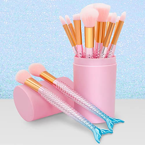 ZAANU Ensemble de pinceaux de Maquillage - Kit de pinceaux cosmétiques Conceler 12PCS Make Up Foundation Sourcils Eyeliner Blush Correcteur Pinceaux Rose Sirène Coloré / 11