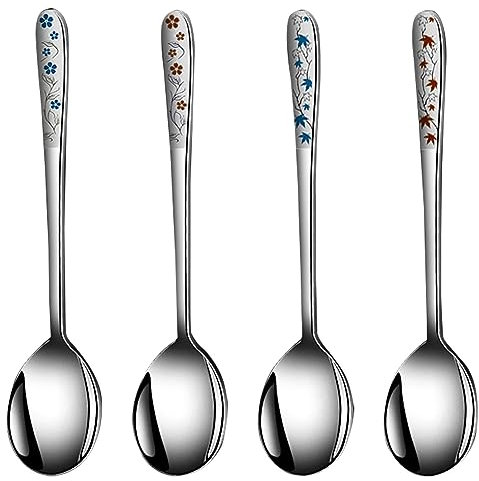 APULLYA Korean Soup Spoons, 18/8 Stainless Steel Long Handle 8 Inch Tablespoon, Asian Metal Dinner Spoons, Set of 4 (flower and leaf)
