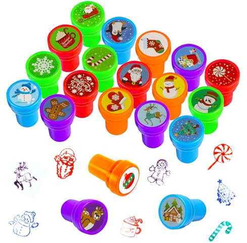SHOWHEEL Selbstfärbende Stempel, 20 Stück Stempelset Weihnachten, Stempel Weihnachten Kinder, Kinder Stempel Weihnachten Kunststoff, Weihnachtsmann Schneemann Elch Stempelset