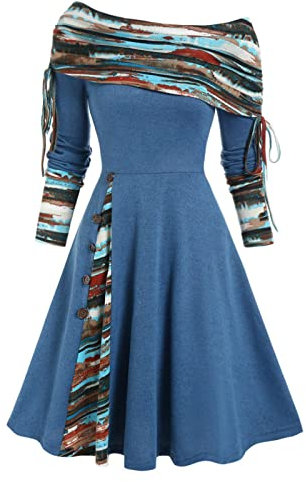 Boho Kleid Damen Knielang Kashmir Herbstkleid Damen Schulterfrei Langarm Winterkleid Damen A Linie Vintage Kleider Elegant mit Knopfleiste Carmen Kleid Damen Muster Casual Hohe Taille