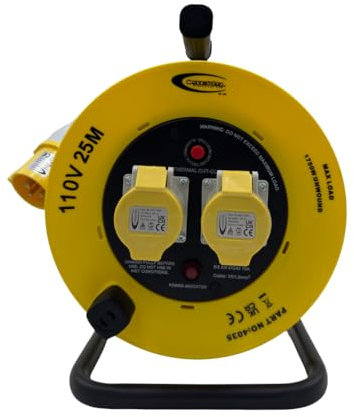 110V Cable Reel - 25m Heavy Duty Extension Lead - 1.5mm Extension Cable, 2X 16A Sockets, Thermal Cut Out, IP44 Plug, Power Indicator, Carry Handle - Power Tool for Industrial & Construction Site Use