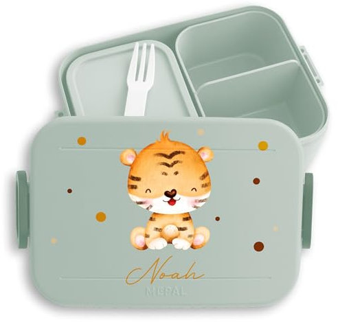 Kinder Bento Box Midi Lunchbox für Mepal Bentobox personalisiert - Tiger mit Namen - 900 ml - Sage Grün - brotdose zootiere jausenbox personalisierte essen