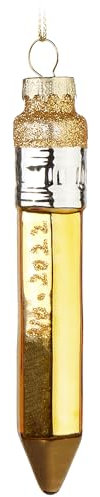 BRUBAKER Bleistift Gold - Handbemalte Weihnachtskugel aus Glas - 12 cm Baumkugel Stift mit Glitzer Radiergummi - Mundgeblasener Christbaumschmuck - Deko Anhänger Figur - Weihnachtsdeko