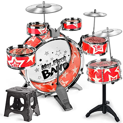 COMETX Schlagzeug Set 6 Stück Kinder Trommel Set Drum Kit Jazz Trommel Set Folding Step Hocker Klingel Pedal Drumsticks Percussion Instrument für Kinder Kinder Jugendliche Anfänger