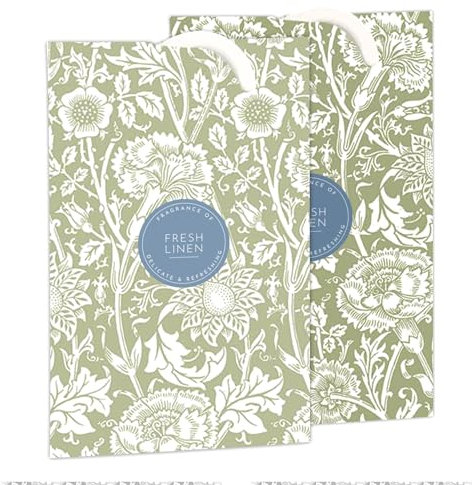 The Master Herbalist Fragrant FRESH LINEN Scented Wardrobe Freshener Sachets in a WILLIAM MORRIS Design in SAGE GREEN | Pack of 2