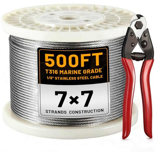 AHEONLAR 500FT 1/8 T316 Stainless Steel Cable for Railing,7x7 Wire Rope with Cutter,1850 lb Breaking Strength,Deck Stair Fence Hardware Kit for Indoor Outdoor Use,Silver