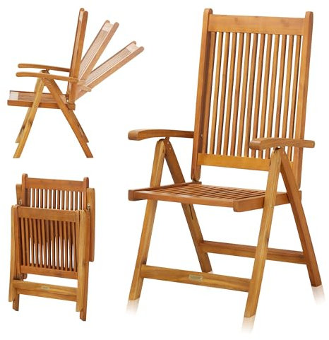 KHG Gartenstuhl 2er Set mit Armlehnen aus 100% Akazien-Echtholz, klappbar, wetterfest, verstellbare Rückenlehne, Hochlehner, Klappstuhl, 110kg belastbar - Braun