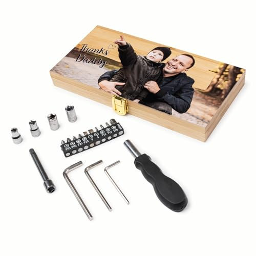 Wanapix | Coffret à outils personnalisé | Étui en Liège | Coffret Personnalisé avec Photo et Texte | Compris des outils tels que le Tournevis de Précision | 100% Personnalisé