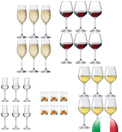 EUPOSIA - Service pour 6 personnes, 30 pièces, kit complet, verres à vin blanc de 44 cl, verres à vin rouge de 53 cl, flûtes à champagne de 24 cl, verres à liqueur - vaisselle élégante et complète