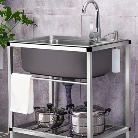 haiyusm Fregadero De Acero Inoxidable Comercial Lavello da Cucina in Acciaio Inox per Esterno - Lavandino Commerciale a Vasca Singola con Rubinetto e Filtro - (68×44cm)