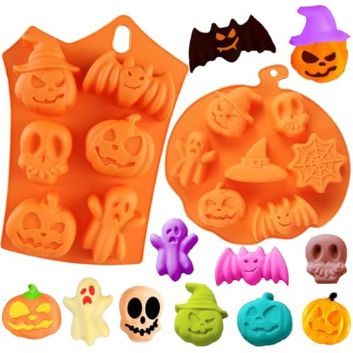 Halloween Kürbis Silikon Backformen, 2er-Set mit 7 Grusel-Motiven, Antihaft & Leicht zu Lösen für Kuchen, Schokolade & Party Snacks, Halloween Küche Diy Backzubehör
