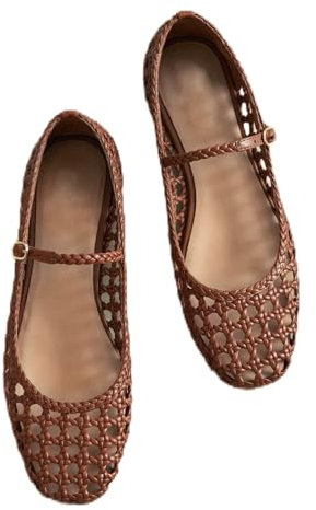 Atsroel Woven Mesh Ballet Flats for Women Square Toe Mary Jane Flats Buckle Strap Flat Shoes Comfortable Ballerina Flats Dressy Mesh Shoes Casual Mary Janes for Women, A-brown, 6.5 UK