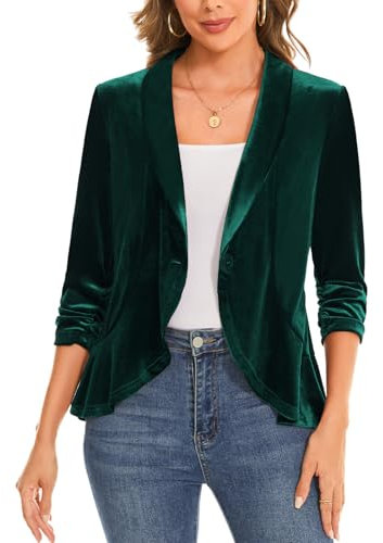 MINTLIMIT 3/4 Sleeve Velvet Blazer Jacket for Women Ruffle Hem One Button Shawl Collar for Work and Evening Events (Dark Green M)