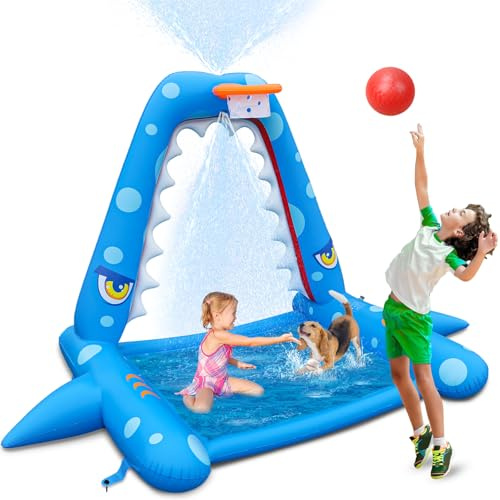 JOSEN Sprinkler for Kids Outdoor Play, Giant Inflatable Shark Water Toys Splash Pad with Basketball Hoop, Fun Sprinkler Summer Outdoor Game for 3-8 Years Old Children Boys Girls Birthday Gift
