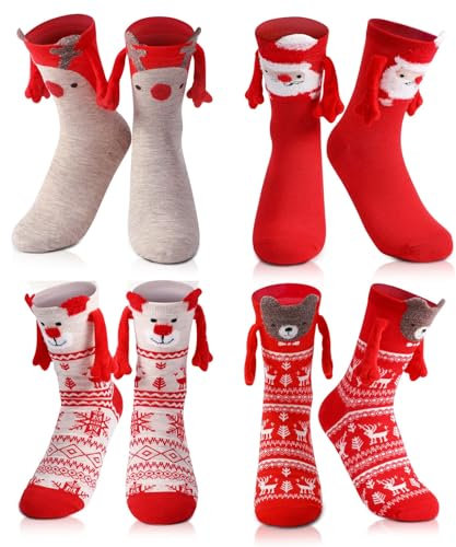 laamei 4 Paar Lustige Weihnachtssocken mit Magnetarmen Hand in Hand Socken Weihnachten Geschenke für Frauen Männer Freunde Familie Partner 37-44(Khaki/Bärchen/Weihnachtsmann/Beige)