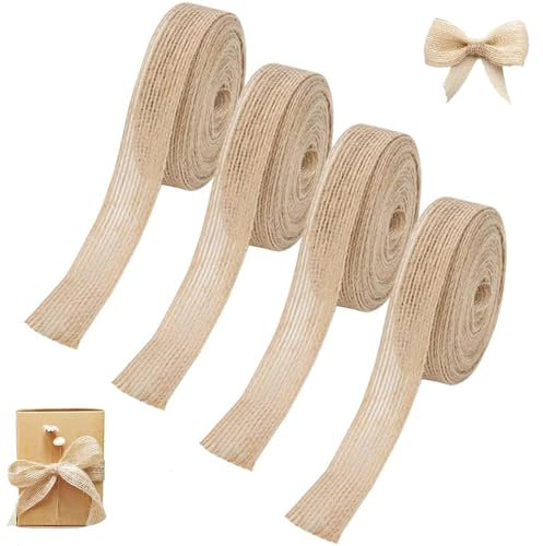4 Stück Juteband, Juteband Rolle 1cm Fein, 10M Juteband Jahrgang, Jute, Juteband Breit, Dekoband Jute Für DIY Handwerk Verpackung, Geschenk, Weihnachten, Esstisch, Blumenstrauß Dekoration