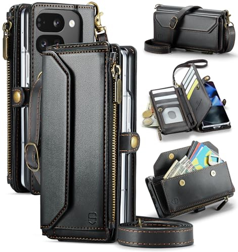 Strapurs Crossbody-Schutzhülle kompatibel mit Google Pixel 9 Pro, RFID-blockierend, 10 Kartenhalter, weiches PU-Leder, Magnetverschluss, Schultergurt, Reißverschluss, Handyhülle, passend für Pixel 9