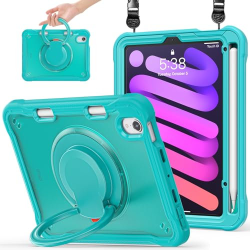 Miimall Coque pour iPad Mini 7 8,3 Pouces 2024/Mini 6 2021, 2 en 1 Armure Robuste Case avec Support Rotatif, Bandoulièr Réglable, Poignée Annulaire Pliable Coque Mini 7/6, Bleu Clair