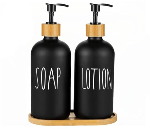 Hniuyun Glass Soap Dispenser Set with Bamboo Pump & Tray, 16 Oz Refillable Liquid Dispenser for Bathroom, Countertop, Kitchen, Laundry Room (Sl Black)
