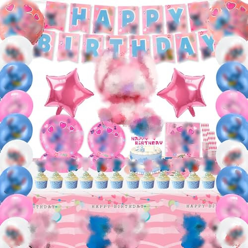 114Pcs Birthday Decorations for Girls, Theme Party Supplies for 10 Guests, Kids Party Tableware Set Party Plates Cups and Napkins Tablecloth Happy Birthday Banner Cake Toppers Birthday Balloons