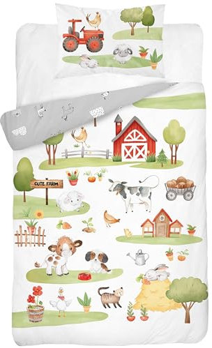 Kinderbettwäsche 100x135 cm aus 100% Baumwolle Weich und farbenfroh | Bettwäsche Kinder Perfekt für Mädchen und Jungen | Hochwertig und pflegeleicht Baby Bettwäshe mit Reißverschluss | Bauernhof