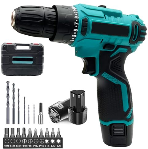 12V Cordless Power Drill,with 2 x 3.0AH Battery & Charger, 23PCS Drill Bits, 2 Speed, LED Light,for Home and Garden DIY Project