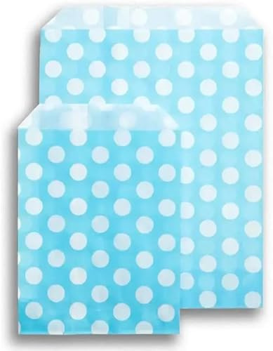 ezkart | 5x7 | Pack of 100 Assorted coloured striped paper bags Ideal for multiple occasions. Quality paper sweet bags (Light Blue Polka, 5x7-100 Bags)