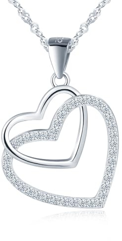 MICGIGI Collar de plata de ley 925 para mujer con colgante de circonita cúbica en forma de corazón doble, plata, Plata