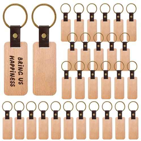 WANDGU Porte-Clés en Bois: 30 Pièces Bois Bricolage Porte-CléS, Naturel Personnalisé Ébauches de Gravure Bois Porte Clés, Pendentif en Bois pour Bricolage, Gravure, Peinture, Anniversaire