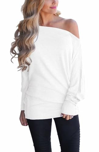 Dressmine Women Off Shoulder Tops Casual Batwing Long Sleeve Jumper Knit Oversized Pullover Sweater White XX-Large
