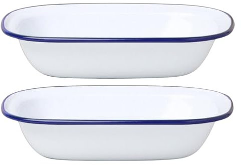 HOCHSTE® Falcon Enamel Oblong Pie Dish - Traditional White Baking Tray with Blue Rim, Oven Safe Up to 270°C, Dishwasher Friendly, Perfect for Pies, Puddings & Roasting White 2 Pack - 18x13.5x4cm