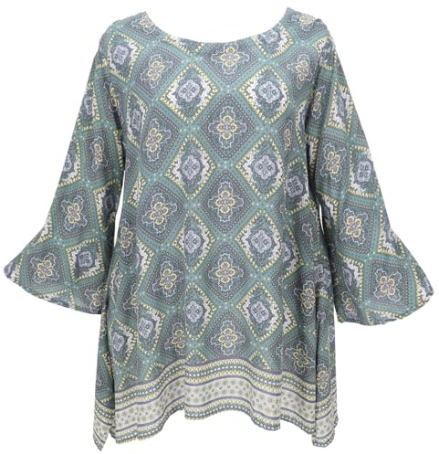 GURU SHOP Tunika mit Trompetenärmeln Für Starke Frauen, Plus Size Strandbluse - Salbei, Damen