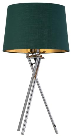 firstchoicelighting Tripod - Chrome Lamp with Green & Gold Fabric Shade